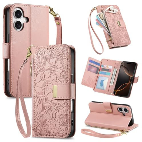 VEEMOS Phone Case for Apple iPhone 16 Case with Zip Wallet Purse Card Holder Slot Embossed Flower Design Folding Flip Cover Leather Stand Lanyard Wrist Strap Women - Pink