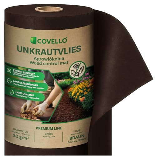 Covello Unkrautvlies Braun 50g/m² Gartenvlies 35m x 0,8m Unkrautfolie | 1-500m², Reißfestes Mulchvlies für Garten, Wasserdurchlässig, ideal unter Pinienrinde, Unkrautschutzvlies, hohe UV-Stabil