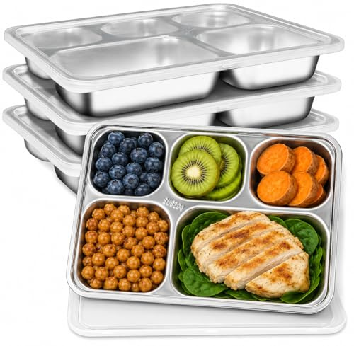 4 Pack Stainless Steel Divided Plates with Lids, 5 Compartments Lunch Boxes | Metal Bento Boxes Containers for Kids, Reusable Meal Prep Storage Tray for Adults School Home Travel Office Camping