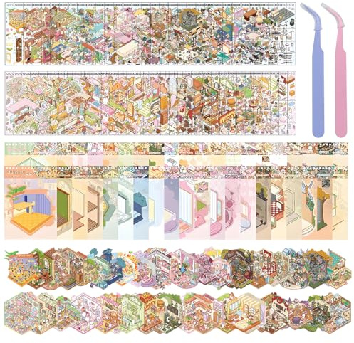 VEGCOO 40 Sets 3D DIY House Stickers Scene, 58 PET Sticker + 40 Mminiatur Haus + 2 Pinzetten, HausStickerbuch Wiederverwendbar, Restaurants, Supermärkte, Bibliothek, Partys Scene 3D DIY Stickers Set