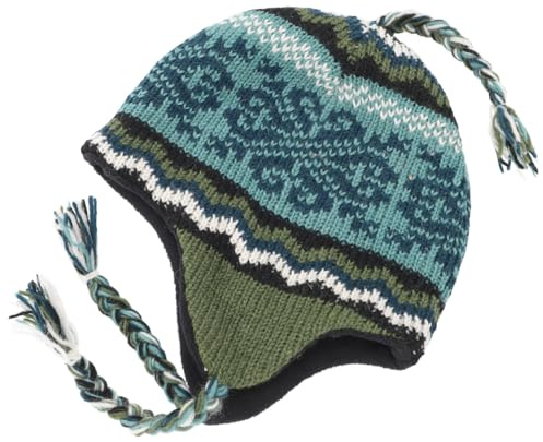 Wollmütze mit Ohrenklappen, Norwegermütze, warm | Fleecefutter, ideal für kalte Tage, Unisex, aus Nepal, geflochtene Zöpfe