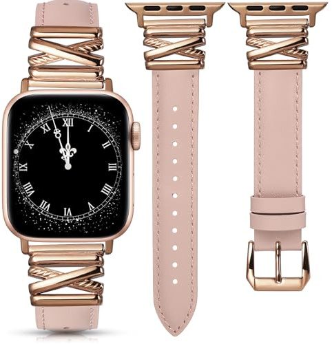 Minyee Leather Band Compatible with Apple Watch 42/41/40/38/44/45/46/49mm Women,Dressy Slim Premium Leather Strap with Designer X-Shape Metal Buckle for iWatch Series 11 10 9 8 7 6 5 4 SE/Ultra 3 2 1