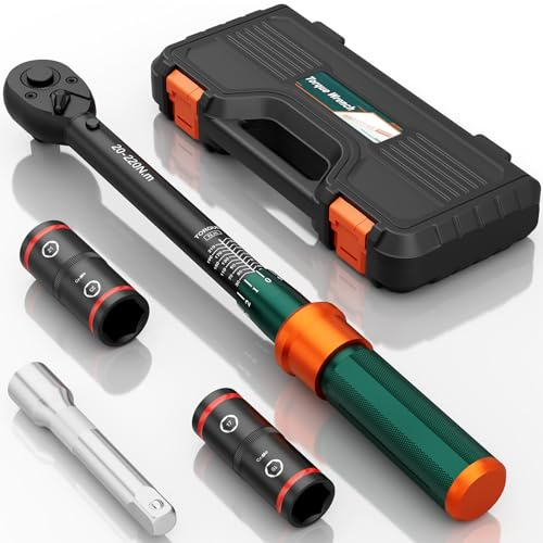 NADOKHI Clé Dynamométrique 1/2, 20-220Nm, Précision ±3%, 72 Dents | avec Rallonges 150mm, Douille à Double 17mm/19mm, 21mm/23mm, pour Changer Les Roues des Voitures, Motos et Camions