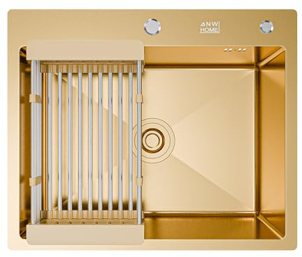 ANW HOME Fregadero Cocina 1 Seno 60x50 cm, Oro PVD | Sobre Encimera, Revestimiento Nano, Grosor 3,0+1 mm, Con Sifón, Dosificador, Cesta