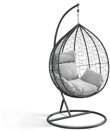 KHG Hängesessel Anthrazit, Geflechtkorb mit hellgrauen Sitzkissen für Garten und Terrasse, UV-beständig, 120kg belastbar, 105x70x203 cm