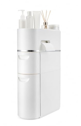 Slim Bathroom Floor Cabinet Freestanding Cabinet Storage Unit with Drawers & Toilet Paper Holder Narrow Gap Organiser White Waterproof Space-Saving Plastic Tower for Sink & Laundry (3 Tier)