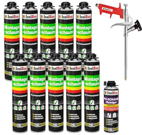 Isolbau Bauschaum-Set - Inkl. 10 x 1K Montageschaum B2 Pistolenschaum mit hervorragender Schall und Wärmedämmung (je 750 ml), 1 x PU-Schaum-Reiniger (500 ml) & 1 x Schaumpistole, Dämmen