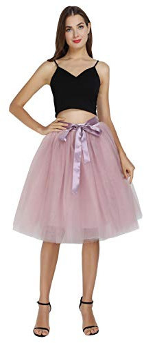 FEOYA Gonna da donna in tulle, a 7 strati, lunghezza al ginocchio, stile retrò, gonna da ballo, rosa antico, Taglia unica