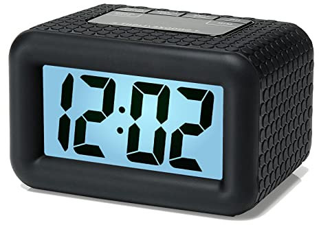 Plumeet Digital Alarm Clock with Snooze and Nightlight Function, Large LCD Display Travel Alarm Clock Easy to Use, Ascending Sound Alarm and Handheld Sized, Batteries Powered (Black)