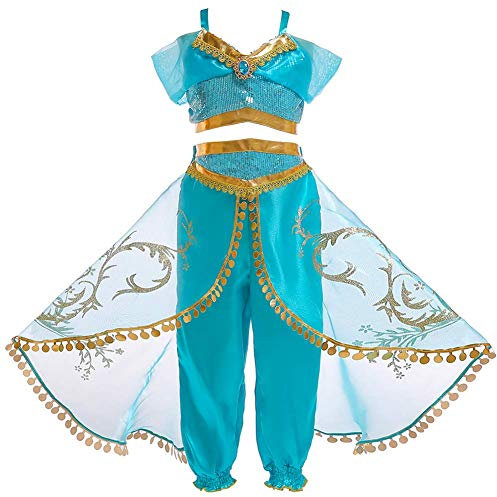 IWEMEK Mädchen Prinzessin Jasmin Kostüm Kinder Arabische Indische Bauchtanz Pailletten Tops Hosen Umhang Aladdin Verkleidung Märchen Cosplay Karneval Halloween Party Kleid Outfits 03 Blau 9-10 Jahre