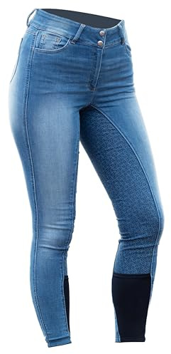 HORZE Kaia Womens Denim Horse Riding Pants | High Waist Silicone Full Seat Breeches - Lead Blue - 32
