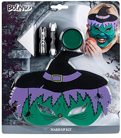 Boland 45079 - Schminkset Kleine Hexe, 1 Augenmaske aus EVA, 1 Fettschminke, 1 Schminkstift, 1 Schwamm, 1 Applikator, Schminke, Set, Make-Up, Drache, Hexe, Halloween, Karneval, Mottoparty