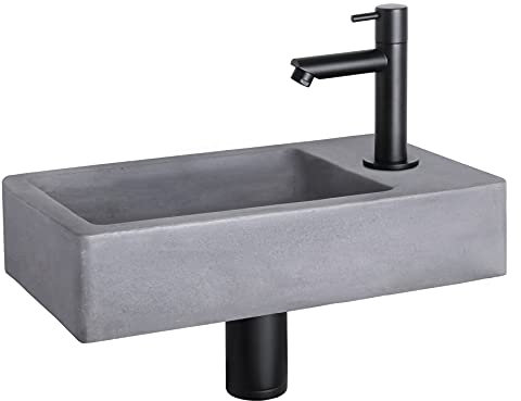 Differnz Force Waschbecken - Waschtisch Dunkelgrau Beton - Gerade Armatur Matt Schwarz - Komplettset - 40 x 22 x 8 cm