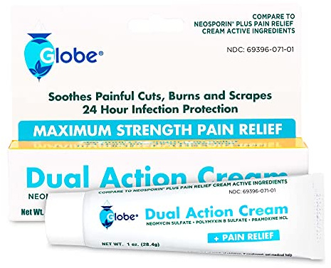Globe First Aid Antibiotic Cream with Neomycin, Polymyxin B, Pramoxine, Soothes Painful Cuts, Burns and Scrapes, 24 Hour Infection Protection (1 Tube)