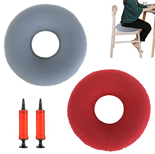 Qanye 2 Stücke Aufblasbar Orthopädisches Sitzkissen, Rund Donut Kissen, Aufblasbares Orthopädisch Dekubitus Kissen, Weich Sitzring mit Pumpe, Kissen für Autos, Sofas, Büros und Rollstühle (Rot, Grau)