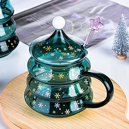 Christmas Tree Shaped Coffee Mugs,URMAGIC 400/500ml Tea Glass Cups with Lid,Handle and Star Spoon,Blue Christmas Tree Cup,Cute Couple Cup,Funny Mugs,Romantic Birthday Gifts