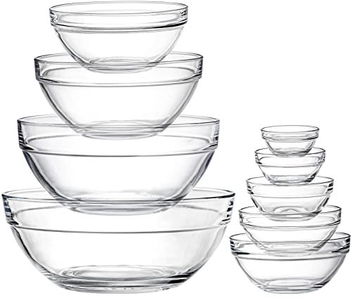 Lawei Set of 9 Glass Mixing Bowls - Glass Nesting Bowls Glass Prep Bowls Clear Glass Salad Bowls for Kitchen Prep Salad, Cereal, Ice Cream, Pasta, Fruits, Transparent