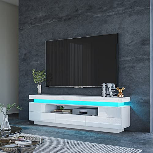 Senvoziii TV Unit 150cm White with 5 Drawers & Flip Cover Open Case TV Storage Entertainment Unit LED Light for Living Room Furniture