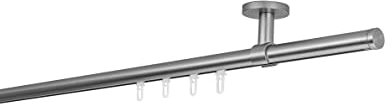 ondeco Gardinenstange auf Maß Innenlauf 20mm Match 1-lauf Vorhangstange Deckenträger 4cm Stilgarnitur mit Gleiter für Vorhänge Edelstahl-Optik 250cm