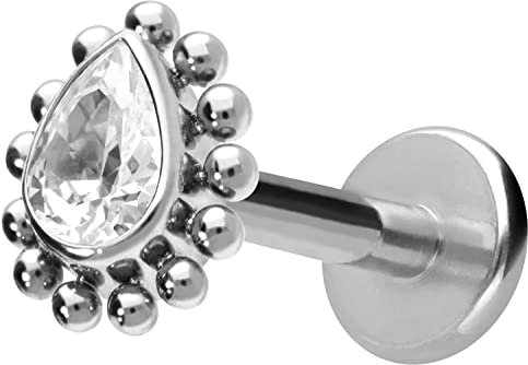 PIERCINGLINE Titan Labret mit Gewinde Kristalltropfen Piercing Lippe Nase Ohr Helix Silberfarben 1,2 x 5 mm