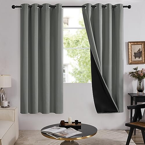Deconovo Double Layer Full Blackout Curtains for Bedroom 54 Inch Drop, Thermal Insulated Eyelet, Windproof Soundproof Curtains with Black Lining, 52 x 54 Inch(Width x Length), Light Grey, 2 Panels