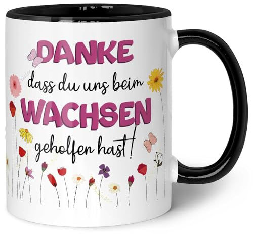 Bedruckte Tasse mit Spruch - Danke dass du uns beim Wachsen geholfen hast - Geschenk für Erzieher Lehrer zum Kindergarten Abschied - Geschenk als Dankeschön - Farbe: Blumen Rosa - Schwarz & Weiß