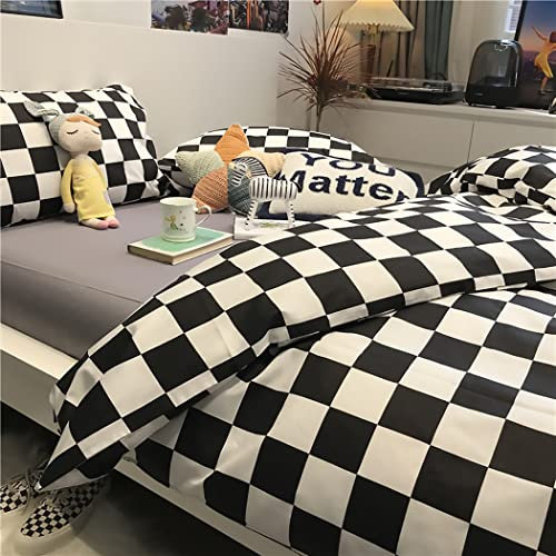 Housse De Couette 240X220 En Damier Double Coton Parure De Lit Noir Et Blanche À Carreaux Réversible, 4 Pièces Housse De Couette Moderne Géométrique Doux Et Respirant Avec À Glissière,220x240cm