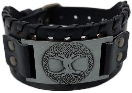 Vikings Wikinger Armband Yggdrasil Weltenbaum Baum des Lebens Leder Metall schwarz silber