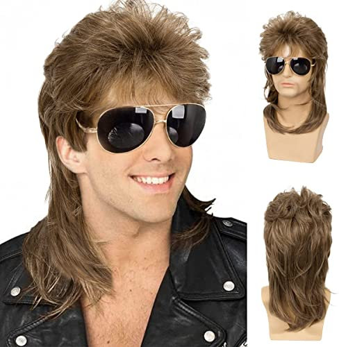 Qnbiar Herren Vokuhila Perücke Hellbraun Lockig 70er 80er Retro Cosplay Kostüm Perücke Rocker Disco Fancy Show Perücken