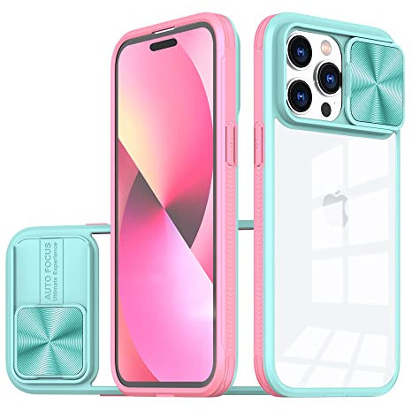 Dqtaoply Phone Camera Cover for iPhone 14 Pro Max Case, Heavy Duty Shockproof Protective Military Grade Slide Camera Cover Slim Phone Case Compatible with iPhone 14 Pro Max - Green+Pink
