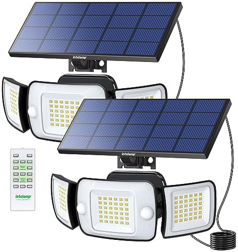 INTELAMP Faretto Led da Esterno Solare, 2 Pezzi 6000mAh Faretti Solari 1200LM 6500K Led Esterno Con Pannello Luci da Esterni Giardino Solari Luce con Sensore di Movimento,Impermeabile, cavo da 2,7M