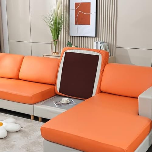 ESCATIC Wasserdichter Sofabezug aus PU-Leder für Wohnzimmer, einfarbig, Stretch-Couch, Sitzkissen, Schonbezug, L-Form, Ecksesselbezüge, Orange, Rückenkissenbezug