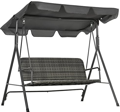 Outsunny 3-Seater Outdoor PE Rattan Swing Chair, Patio Wicker Hanging Swing Bench with Steel Frame Stand & Adjustable Canopy, Grey
