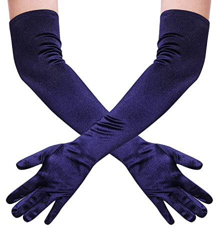 Wobe Lange Opera Party 20er Jahre Satin Handschuhe Dehnbar Erwachsene Größe Ellenbogen Länge Hochzeit, Dunkelblau, Einheitsgröße