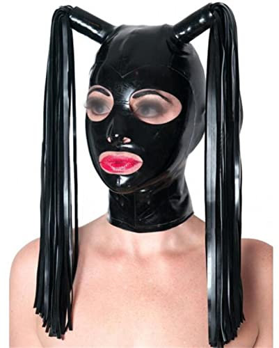 Latexhaube mit Perücke Pferdeschwanz Kopfmaske aus Gummi,Kopfbedeckung aus Latex für Unisex Cosplay Clubbekleidung (2XL)
