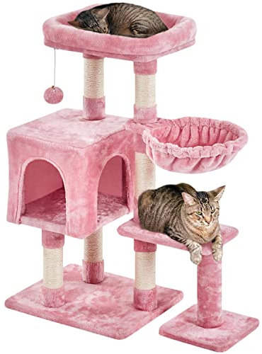 Yaheetech Árbol Rascador para Gatos Medianos 80x39.5x96 cm Torre para Gatos Juguete de Gatos de Sisal con Nidos y Hamaca Rosa