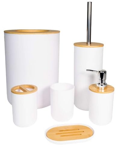Intirilife Badezimmer Zubehör Set aus Bambus und Kunststoff in Weiß - 6 teiliges Set Zahnputzbecher Zahnbürstenbecher Seifenschale Seifenspender Toilettenbürste mit Halterung und Mülleimer