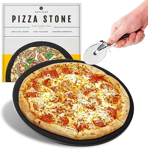 Heritage Pizza Stone, 15 inch Ceramic Baking Stones for Oven Use - Non Stick, No Stain Pan & Cutter Set for Gas, BBQ & Grill - Kitchen Accessories & Housewarming Gifts with Bonus Pizza Wheel - Black