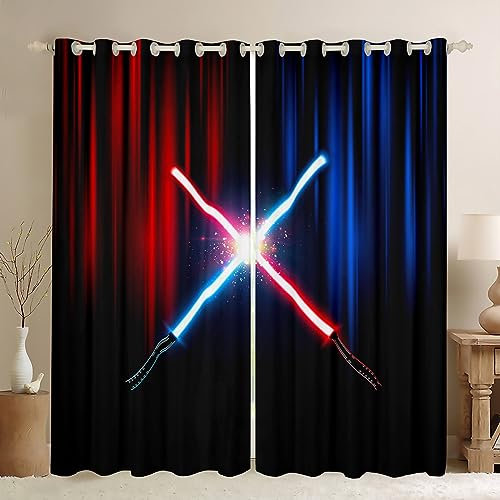 Manfei Neonlicht Lichtschwert Fenster Vorhang Geometrisch Rot Blau Abstrakte Ombre Vorhänge Kinder Jungen Zimmer Dekor Videospiele Fenster Vorhang Mode Schwarze Fenster Vorhänge,2 Platten,XL Größe