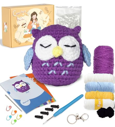 Ktmeor Häkelset für Anfänger, Häkeltier-Set mit Schritt-für-Schritt-Video-Tutorials, Anfänger-Häkelset für Erwachsene und Kinder mit DIY-Strickzubehör, 40% extra Übungsgarn, Eule