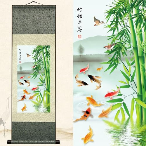 Newscz Decoration Chambre Poster Murale Affiche Decoration Bambou Murale Asiatique Peinture sur Rouleau de Soie Botanique Bambou Decorations Murales pour Bureau Decoration Maison Chambre 92 x 30cm