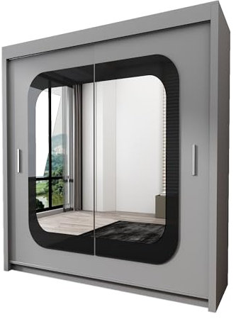 INTERWOOD Double Mirror Sliding Doors Wardrobe, featuring double sliding Doors, Hanging Rails & Adjustable Shelves, offers Space Saving solutions for Bedroom furniture in Matt finish 203 cm (grey)