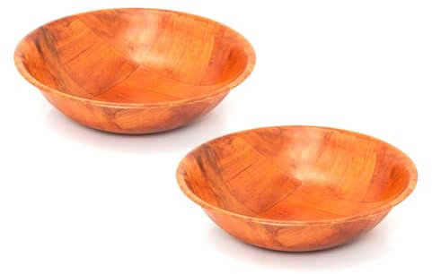 Carousel Home Set Of 2 Round Wooden Woven Bowl | Pack Of 2 Wood Weave Kitchen Bowl Fruit Bowl Woven Wood Snack Salad Bowl | 2 Piece Picnic Bowl Rustic Serving Bowl Dish - 25cm