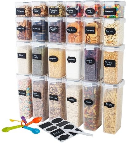 Pantry Perfect 24-Piece Airtight Food Storage and Kitchen Organisation Set, BPA-Free Clear Plastic Containers with Durable Lids for Cereal, Flour, Sugar - Includes Labels, Marker & Spoon Set