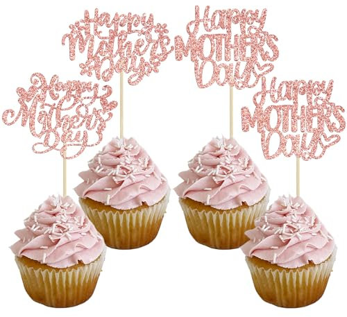 Ephlyn Cupcake-Topper Happy Mothers Day, Cupcake-Aufsätze, Liebesmutter, Kuchendekoration, Partyzubehör für Muttertag, Party-Dekorationen, Roségold, 24 Stück