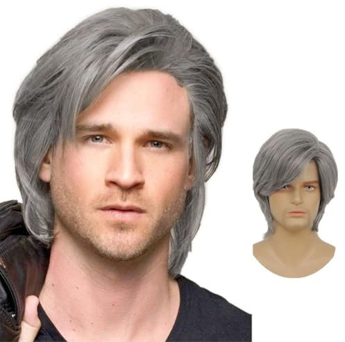 Siudus Grau Kurze Gerade Perücken für Herren Natürliche Seitenteil Guy Flauschige Haar Perücke Layered Hitzebeständige Faser Alte Männer Perücke für den täglichen Gebrauch (Grau)
