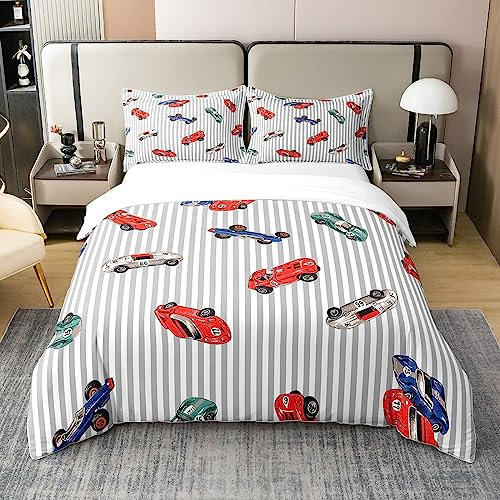 Loussiesd Rennwagen Bettwäsche Speed Sports Auto 100% Baumwolle Bettwäsche Set 135x200cm Racing Auto Weiß Grau Bettwäsche für Kinder Jungen Reißverschluss