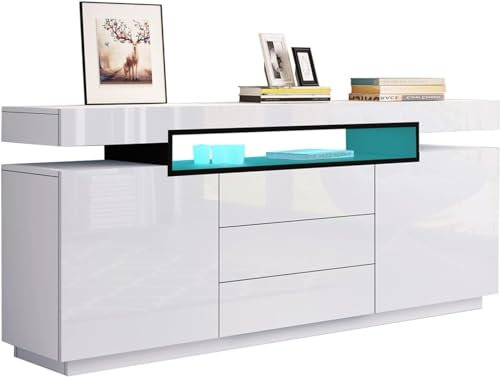 Anrichte Kommode, AnrichteSchrank mit LED-Beleuchtung, Hochglanz-Aufbewahrungsschrank mit 2 Türen, 3 Schubladen, große offene Regale für Esszimmer Wohnzimmer Küche Flur, 160 x 35 x 72 cm (Weiß)