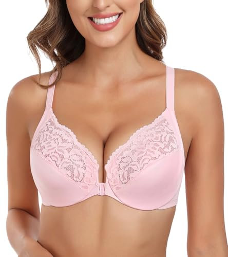 Lemorosy Women's Front Closure Bra Flower Lace T-Back Unpadded Plus Size Everyday Underwire(Pink,38G)