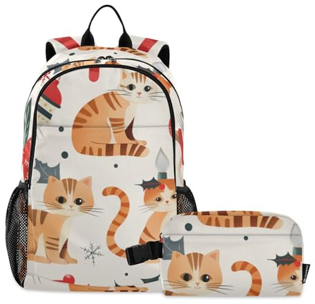 Amooorous Weihnachts-Rucksack und Lunchbox für Jungen und Jungen, Schulrucksack mit Lunchbox, Schultasche für Jungen von 10–12 Jahren, Weihnachtskätzchen